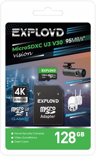 

Карта памяти Exployd Vision microSDXC 128GB EX128GCSDXC10-U3-V30 (с адаптером)