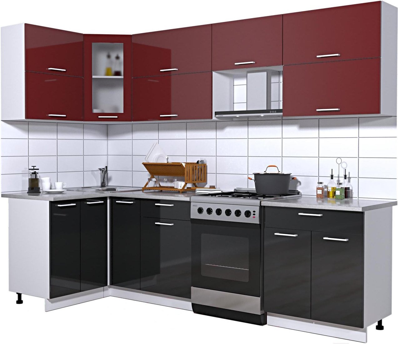 

Готовая кухня Интерлиния Мила Gloss 60-12x27 (бордовый/черный глянец)