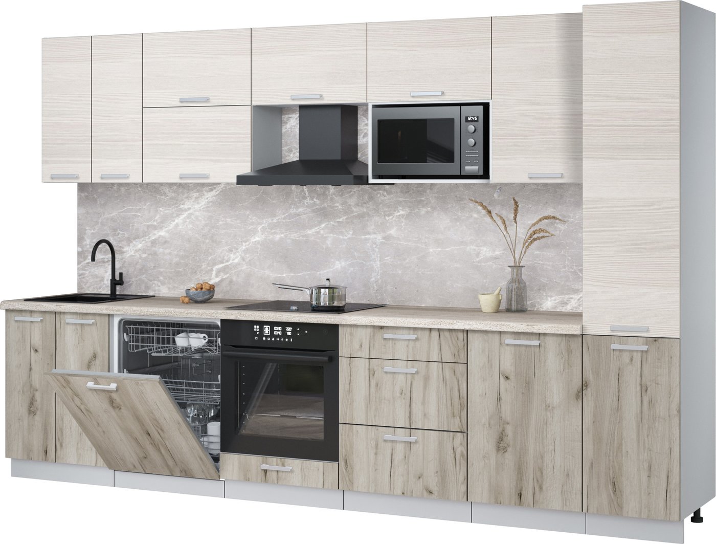 

Готовая кухня Интерлиния Мила Лайт 3.3-ПМ2 (вудлайн кремовый/дуб серый/травертин серый)