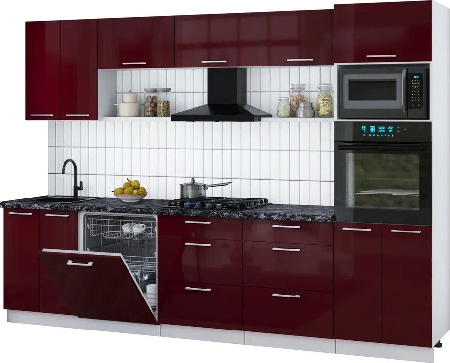 

Готовая кухня Интерлиния Мила Gloss 3.0-ПМ1 (бордовый глянец/бордовый глянец/кастилло темный)