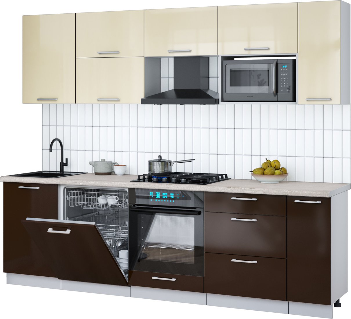 

Готовая кухня Интерлиния Мила Gloss 2.6-ПМ2 (шоколад глянец/ваниль глянец/травертин серый)