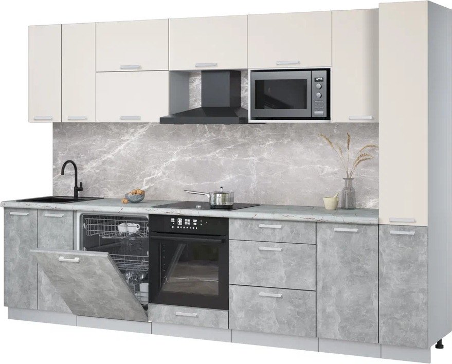 

Готовая кухня Интерлиния Мила Лайт 3.1-ПМ2 (персидский жемчуг/бетон/серый каспий)