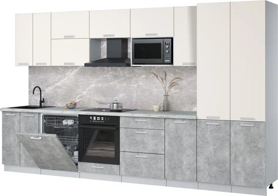 

Готовая кухня Интерлиния Мила Лайт 3.6-ПМ2 (персидский жемчуг/бетон/серый каспий)