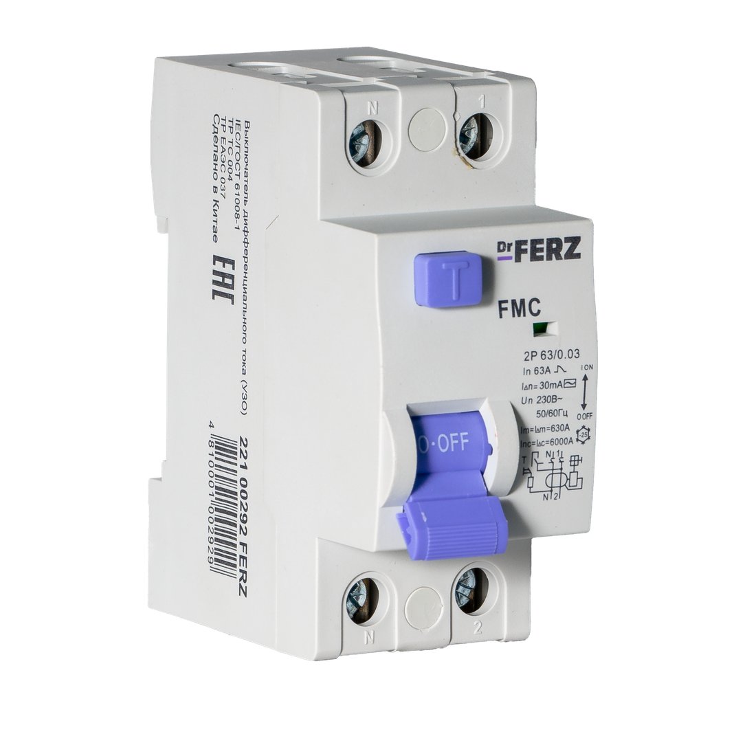 Устройство защитного отключения Dr.Ferz FMC-1P+N 63A 30mA 6kA AC 2M 22100292FERZ