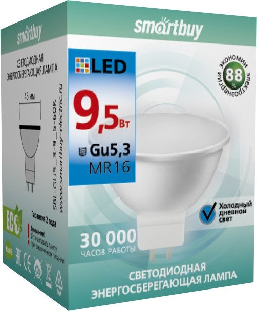 

Светодиодная лампочка SmartBuy MR16 GU5.3 9.5 Вт 6000 К SBL-GU5_3-9_5-60K