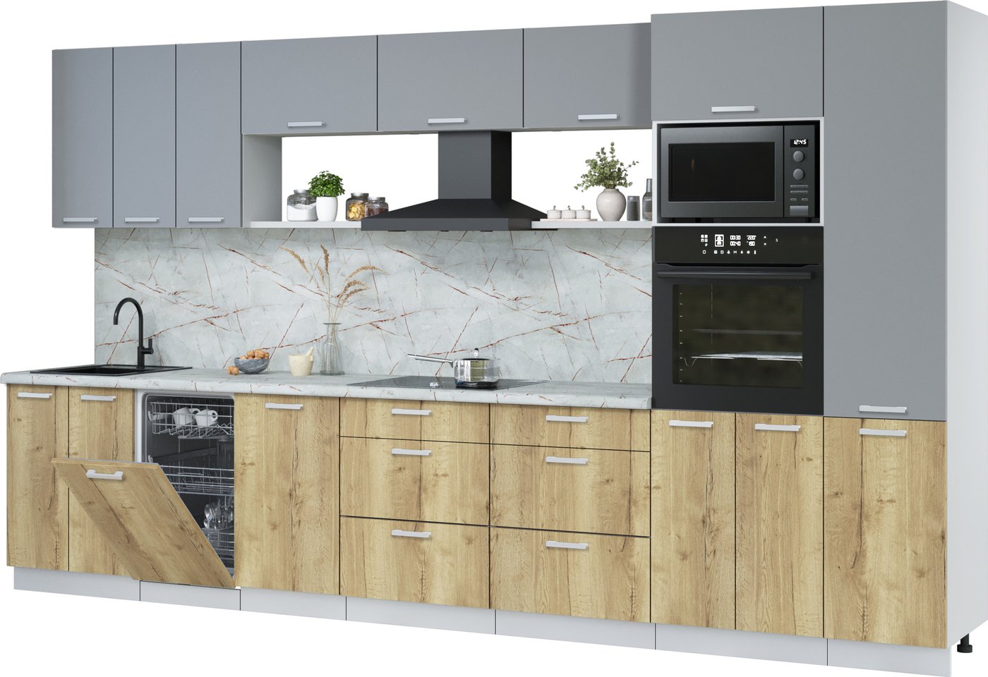 

Готовая кухня Интерлиния Мила Лайт 3.7-ПМ3 (серебро/дуб золотой/серый каспий)