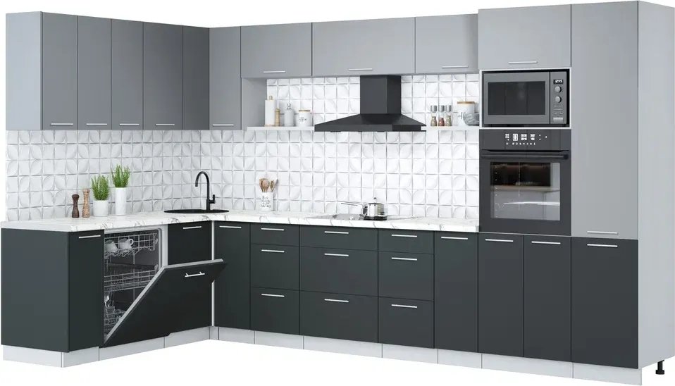 

Готовая кухня Интерлиния Мила Лайт 1.896х3.58 ( серебро/антрацит/белый гранит)