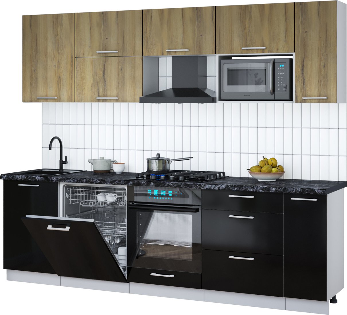 

Готовая кухня Интерлиния Мила Gloss 2.6-ПМ2 (черный глянец/дуб вотан/кастилло темный)