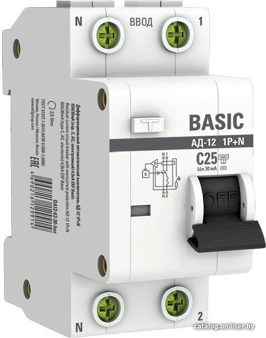 Дифференциальный автомат EKF Basic АД-12 1P+N 25А 30мА АС C DA12-25-30-bas