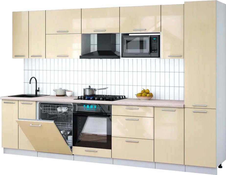 

Готовая кухня Интерлиния Мила Gloss 3.2-ПМ2 (ваниль глянец/ваниль глянец/травертин серый)