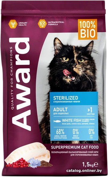 

Сухой корм для кошек Award Adult Sterilized (для стерилизованных с белой рыбой с добавлением семян льна, клюквы и цикория) 1.5 кг