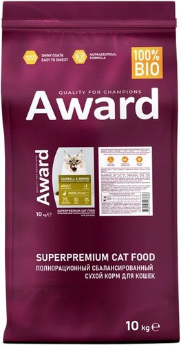 Award Adult Hairball & Indoor (для выведения шерсти с уткой и индейкой с добавлением зеленой чечевицы и Юкки Шидигера) 10 кг