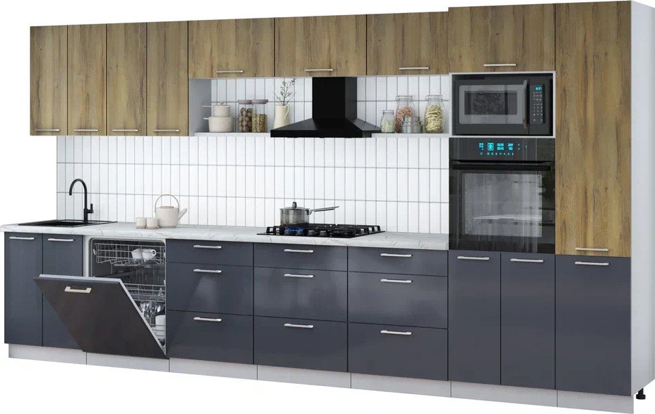 

Готовая кухня Интерлиния Мила Gloss 4.0-ПМ1 (асфальт глянец/дуб вотан/серый каспий)