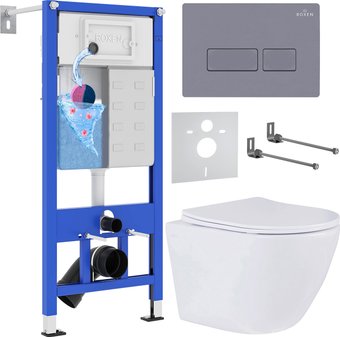 Унитаз подвесной Roxen Antares 530185-01 в комплекте с инсталляцией StounFix Dual Fresh 6 в 1 966771 (кнопка: серый гранит)