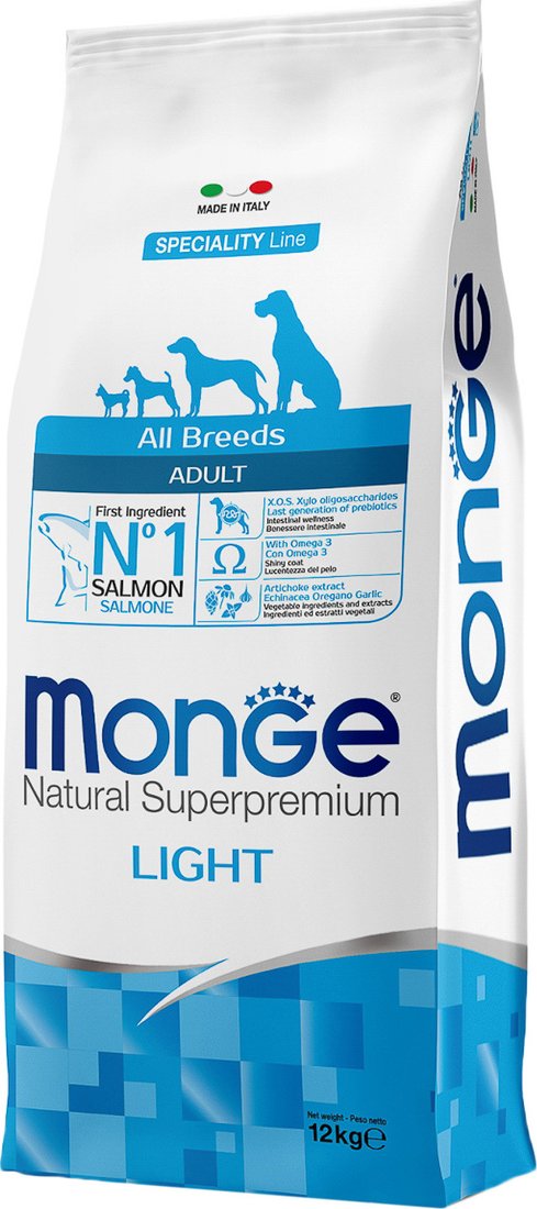 

Сухой корм для собак Monge All Breeds Adult Light Salmon and Rice (низкокалорийный для всех пород с лососем и рисом) 12 кг
