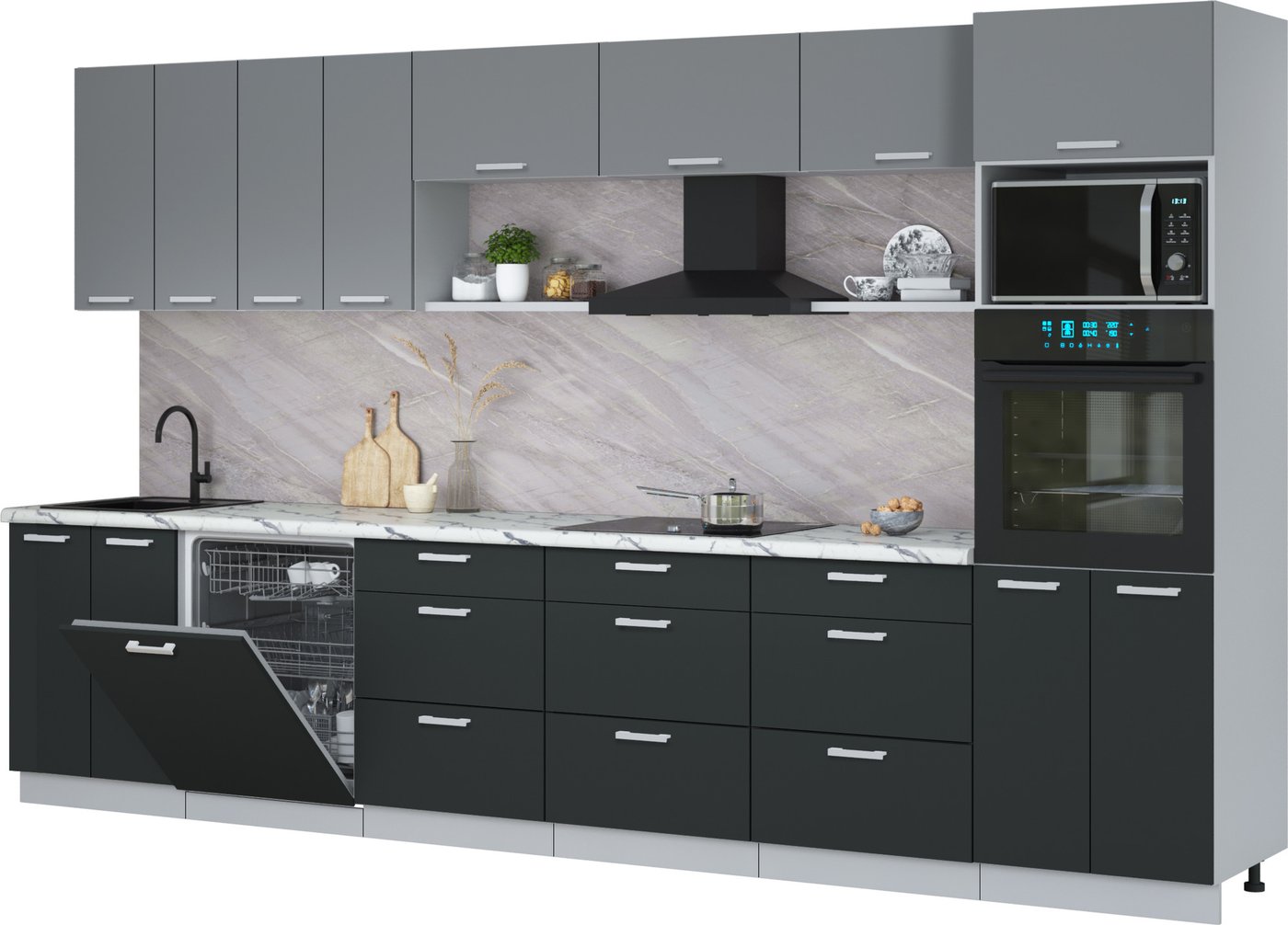 

Готовая кухня Интерлиния Мила Лайт 3.6-ПМ1-2 (серебро/антрацит/белый гранит)