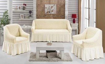 Комплект чехлов для дивана и кресла Karna 3-местный диван + 2 кресла с юбкой (крем)