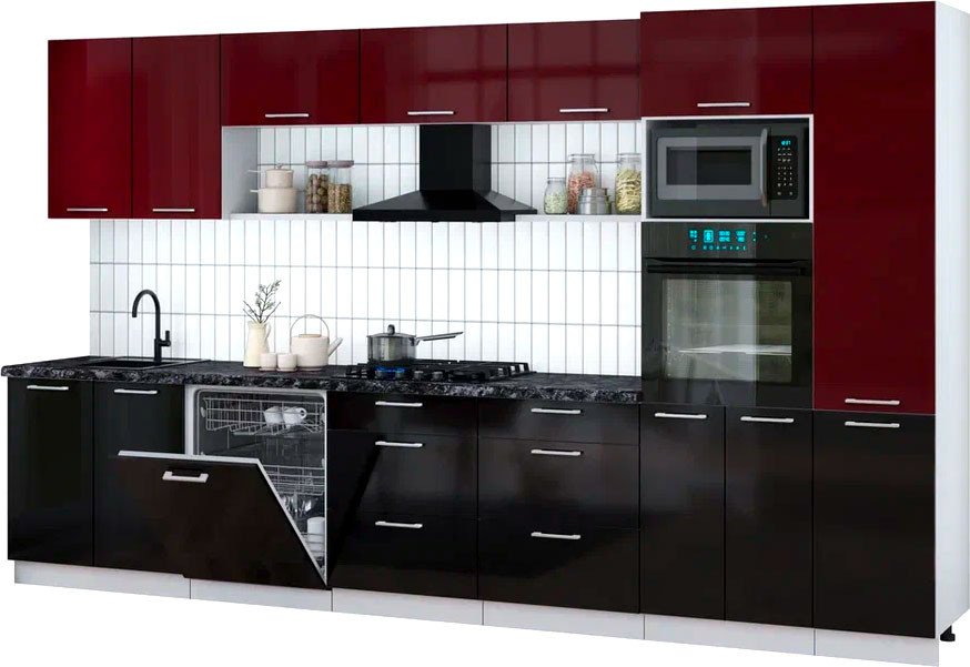 

Готовая кухня Интерлиния Мила Gloss 3.6-ПМ1 (черный глянец/бордовый глянец/кастилло темный)