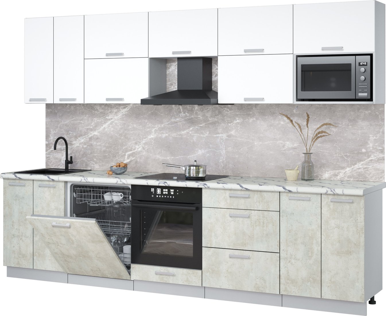 

Готовая кухня Интерлиния Мила Лайт 3.0-ПМ2 (белый платинум/бетон лайт/белый гранит)