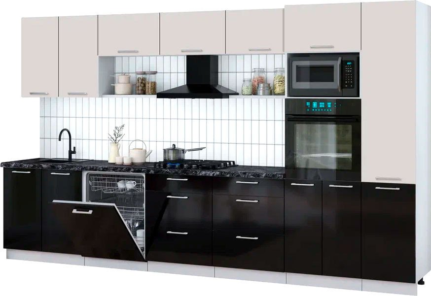 

Готовая кухня Интерлиния Мила Gloss 3.6-ПМ1 (черный глянец/кашемир/кастилло темный)