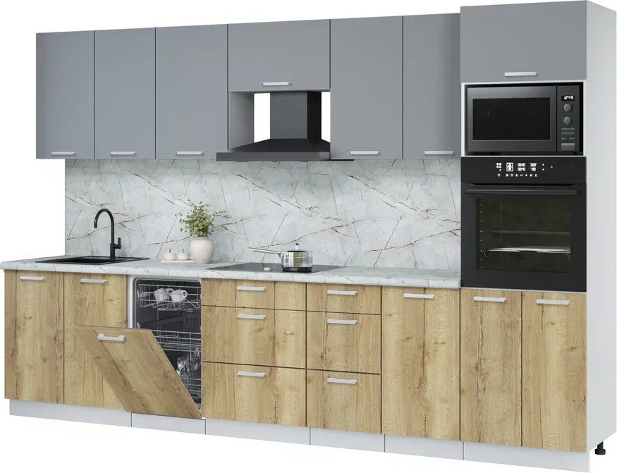 

Готовая кухня Интерлиния Мила Лайт 3.25-ПМ3 (серебро/дуб золотой/серый каспий)