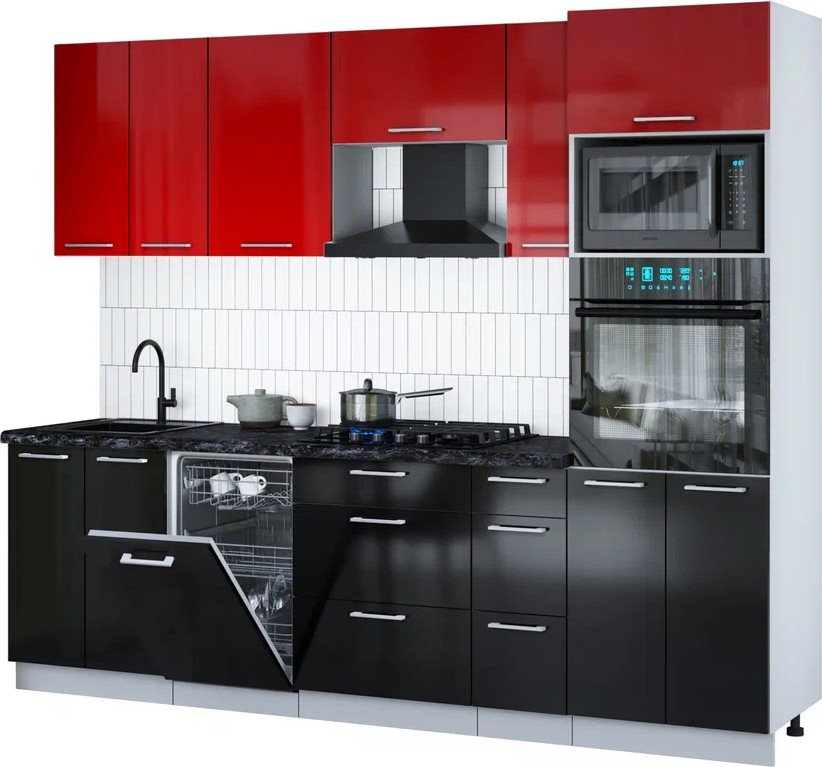 

Готовая кухня Интерлиния Мила Gloss 2.55-ПМ3 (черный глянец/красный глянец/кастилло темный)