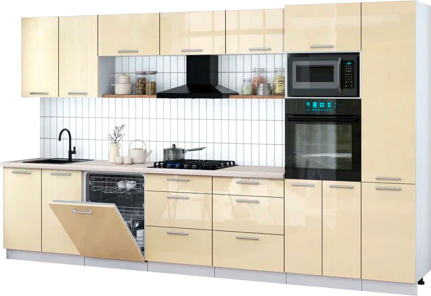 

Готовая кухня Интерлиния Мила Gloss 3.6-ПМ1 (ваниль глянец/ваниль глянец/травертин серый)