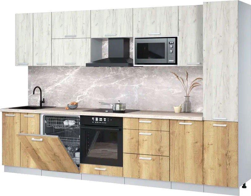 

Готовая кухня Интерлиния Мила Лайт 3.2-ПМ2 (дуб белый/дуб золотой/травертин серый)