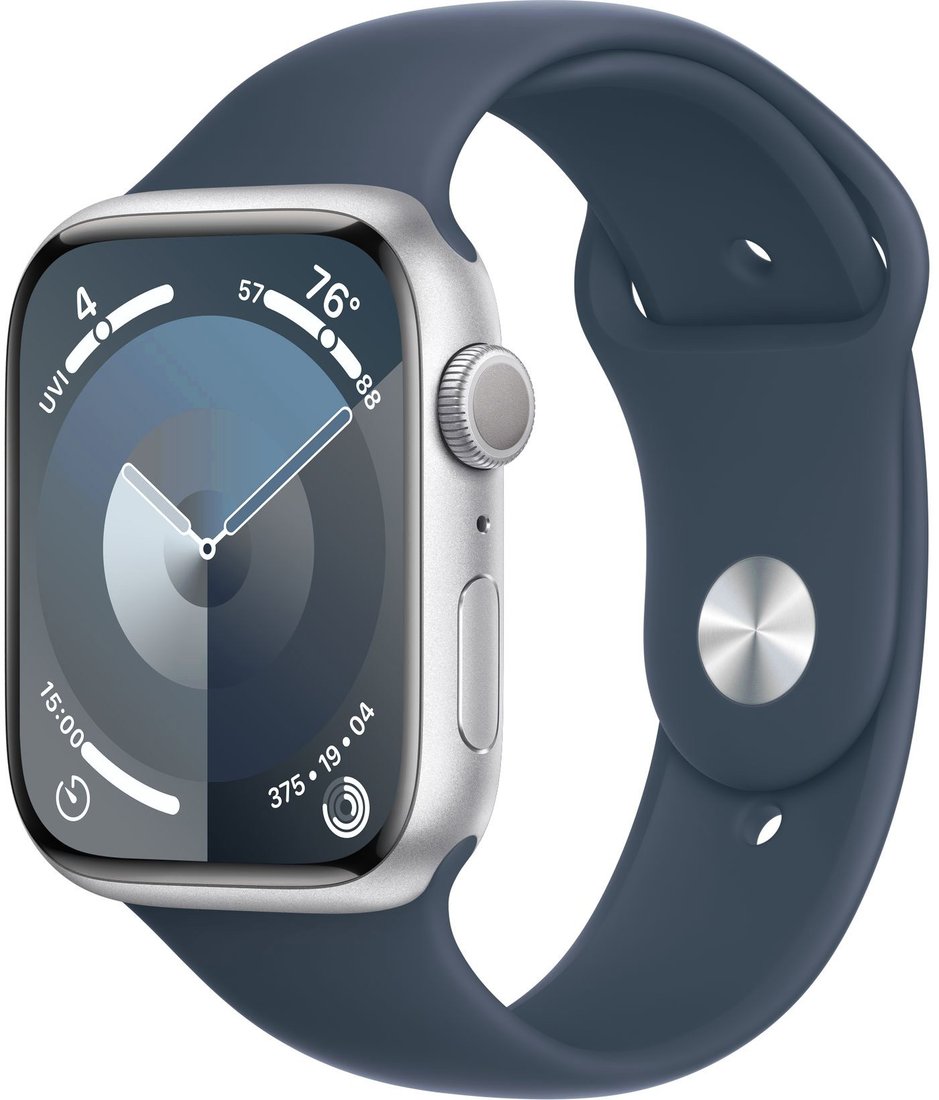 

Умные часы Apple Watch Series 9 45 мм (алюминиевый корпус, серебристый/грозовой синий, спортивный силиконовый ремешок S/M)