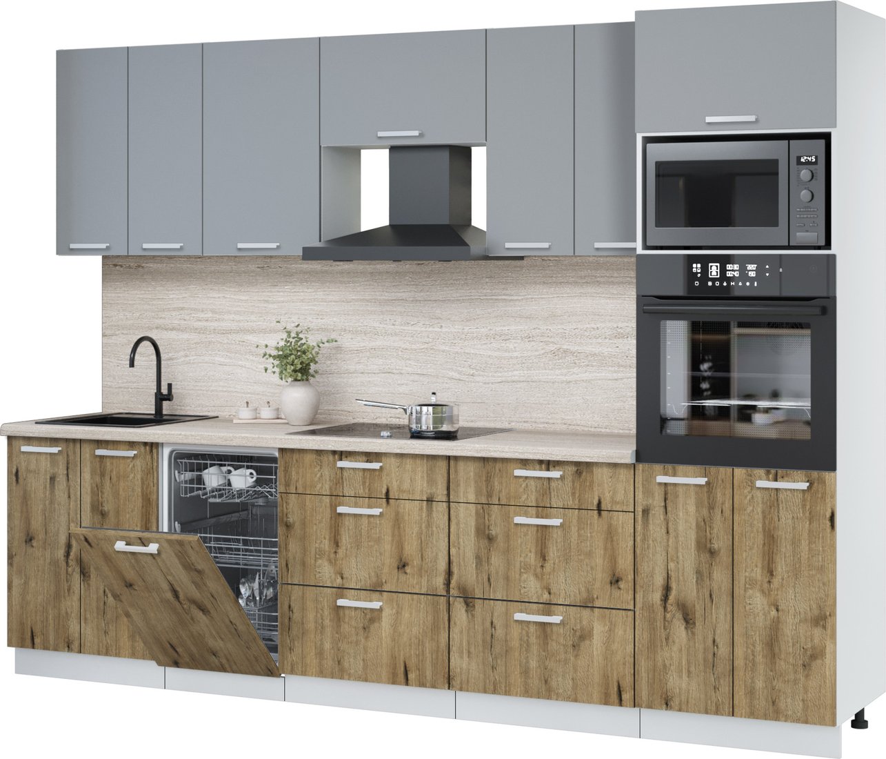 

Готовая кухня Интерлиния Мила Лайт 2.85-ПМ3 (серебро/дуб веллингтон/травертин серый)