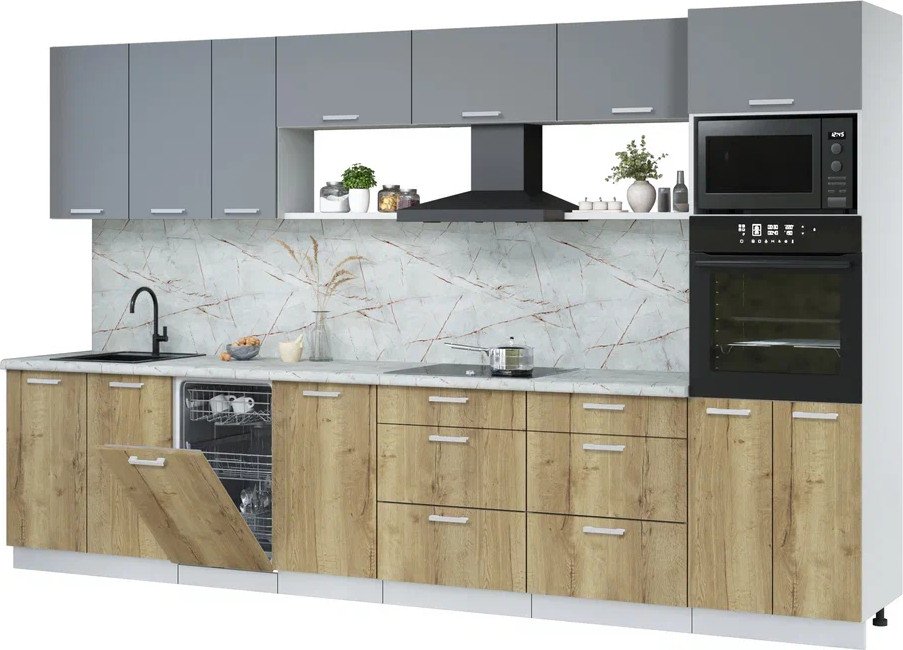 

Готовая кухня Интерлиния Мила Лайт 3.5-ПМ3 (серебро/дуб золотой/серый каспий)