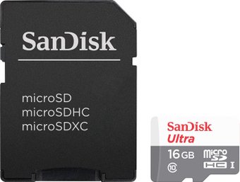 Карта памяти SanDisk Ultra microSDHC 16GB UHS-I/U1 + адаптер [SDSQUNB-016G-GN3MA]
