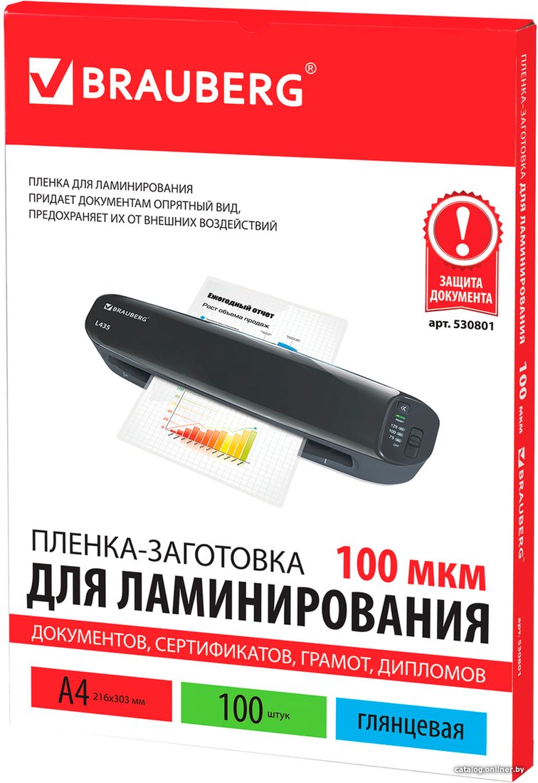 Пленка для ламинирования BRAUBERG глянцевая A4 100 мкм 100 шт 530801