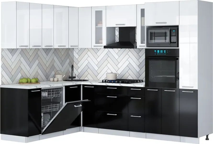 

Готовая кухня Интерлиния Мила Gloss 1.896х2.68 (черный глянец/белый глянец/белый гранит)