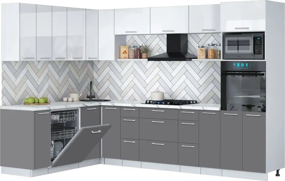 

Готовая кухня Интерлиния Мила Gloss 1.896х2.98-2 (серый/белый глянец/белый гранит)