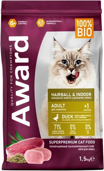 

Сухой корм для кошек Award Adult Hairball & Indoor (для выведения шерсти с уткой и индейкой с добавлением зеленой чечевицы и Юкки Шидигера) 1.5 кг