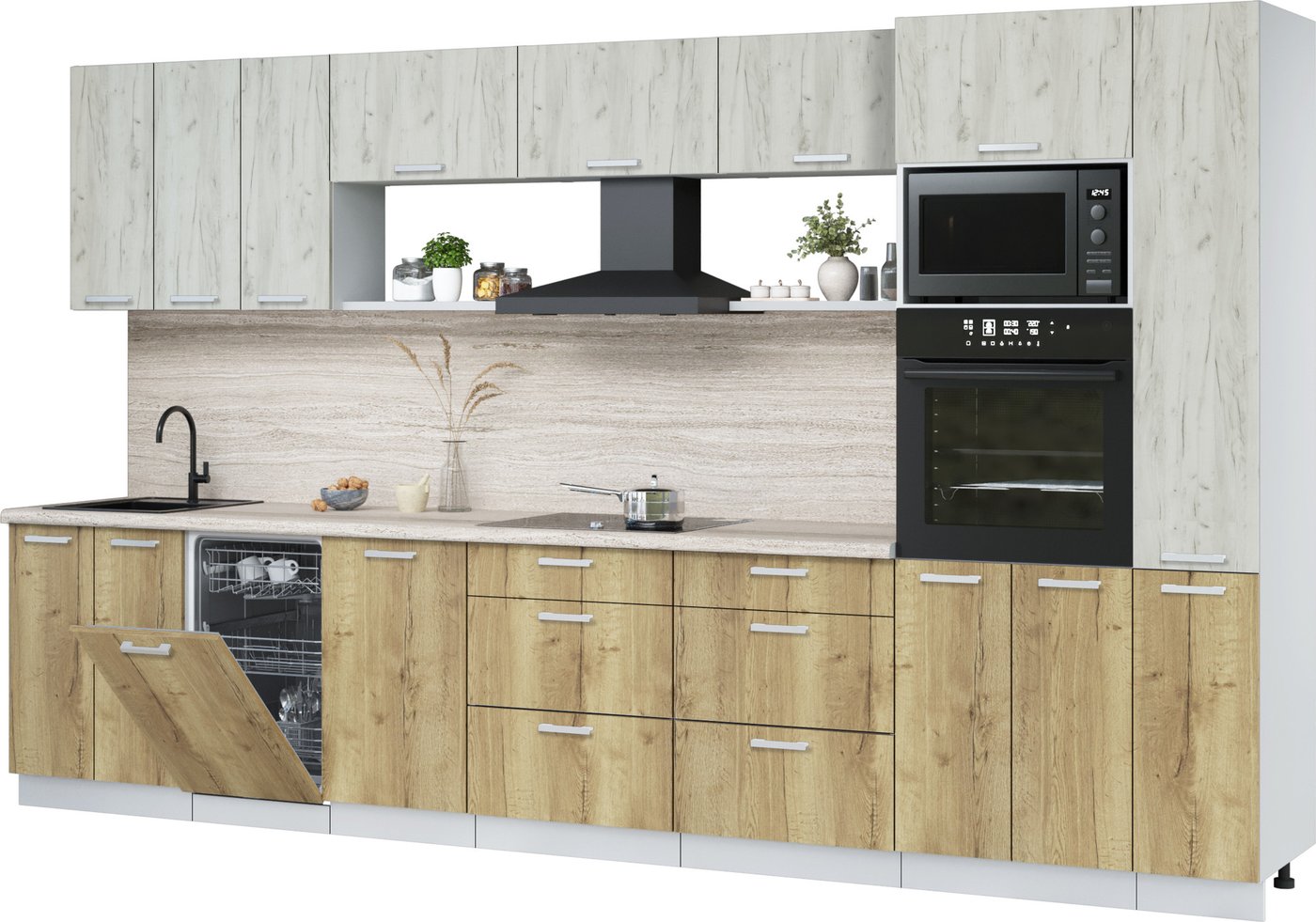 

Готовая кухня Интерлиния Мила Лайт 3.6-ПМ3 (дуб белый/дуб золотой/травертин серый)