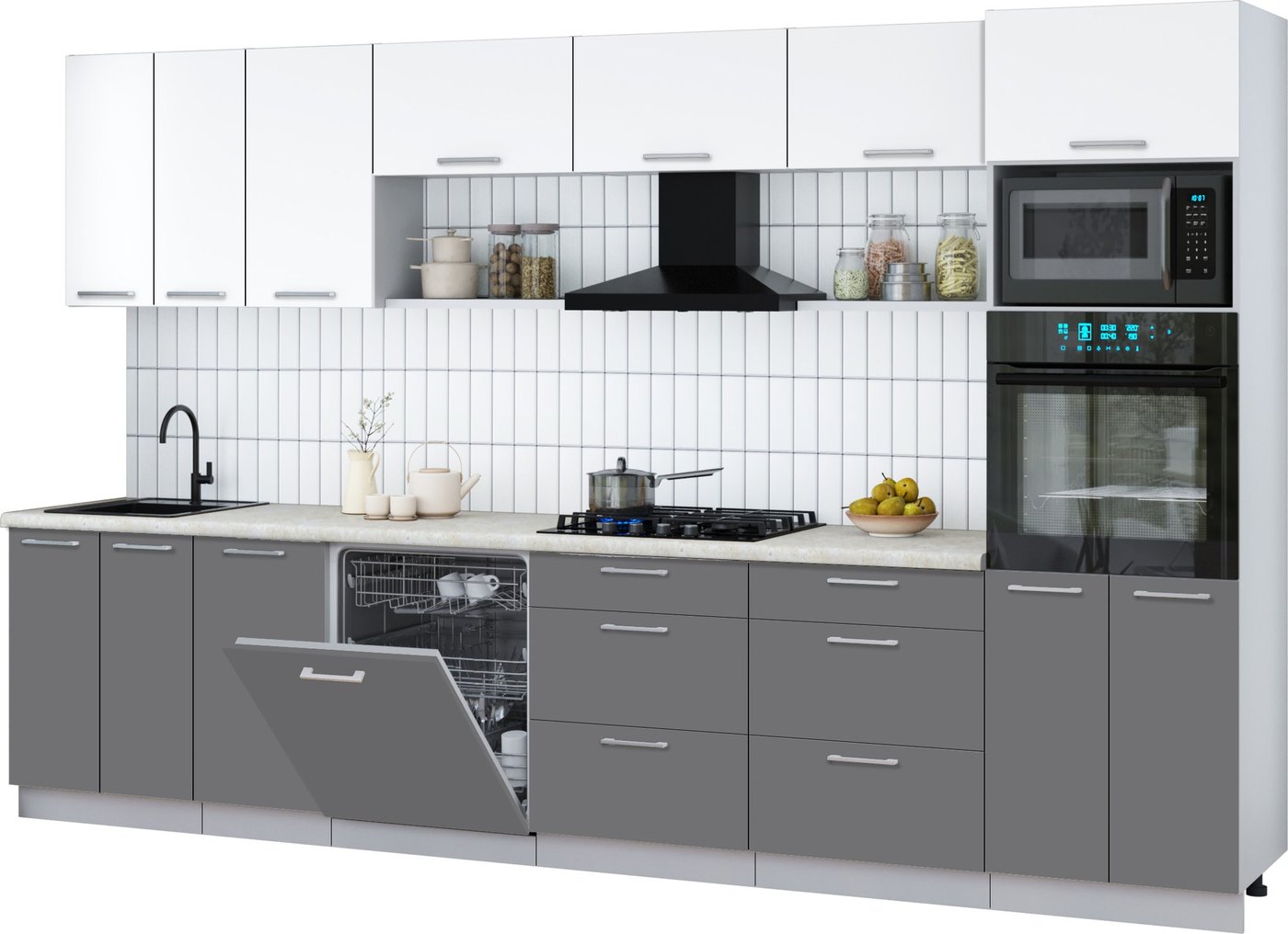 

Готовая кухня Интерлиния Мила Gloss 3.4-ПМ1-2 (серый/белый/опал светлый)