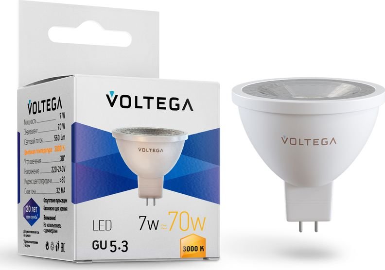 

Светодиодная лампочка Voltega Simple MR16 7W 3000K 38° GU5.3