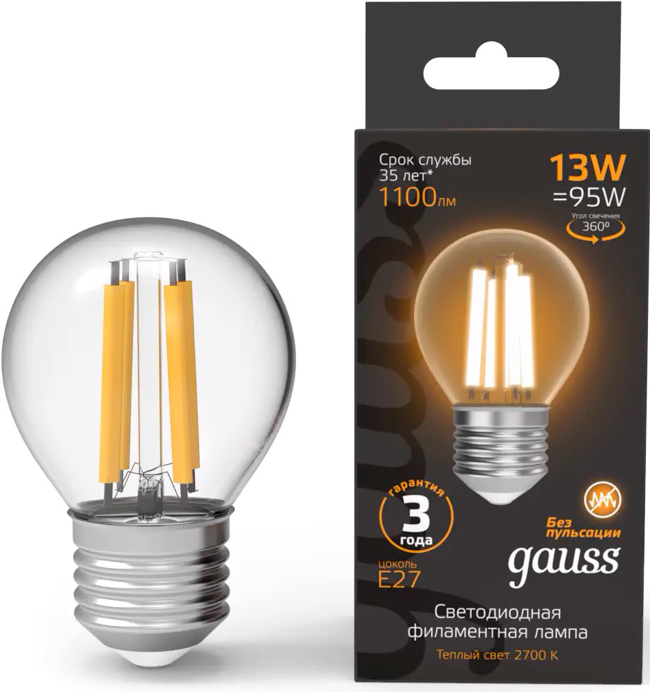 

Светодиодная лампочка Gauss Filament Шар 13W 1100lm 2700К Е27 LED 1/10/50 105802113