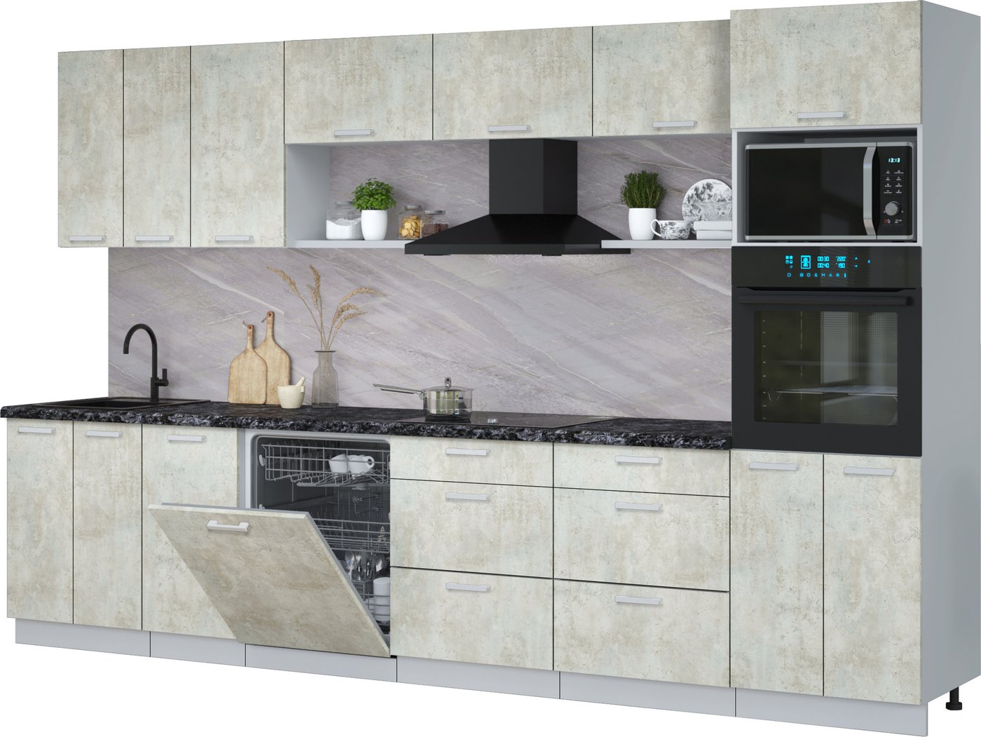 

Готовая кухня Интерлиния Мила Лайт 3.4-ПМ1-2 (бетон лайт/бетон лайт/кастилло темный)