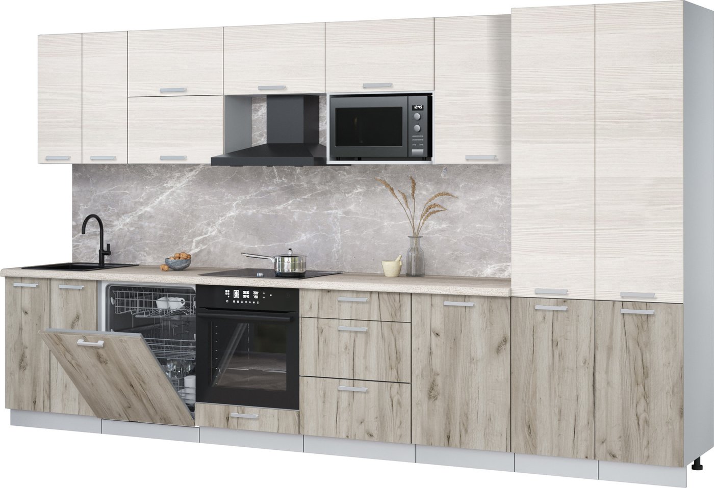 

Готовая кухня Интерлиния Мила Лайт 3.7-ПМ2 (вудлайн кремовый/дуб серый/травертин серый)