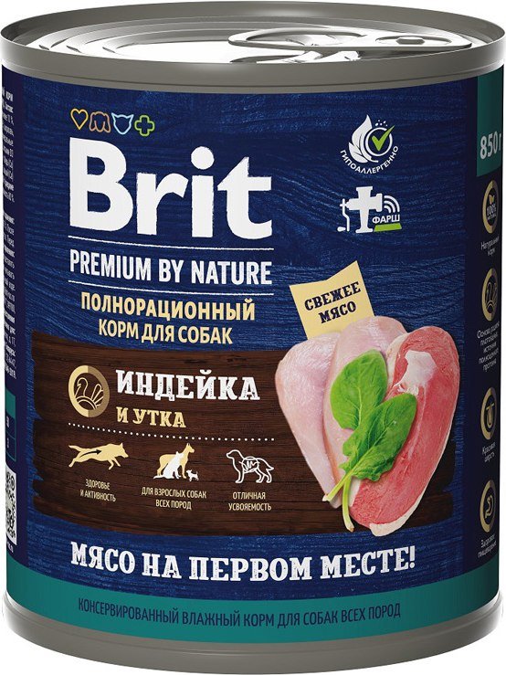 

Консервированный корм для собак Brit Premium by Nature с индейкой и уткой 850 г