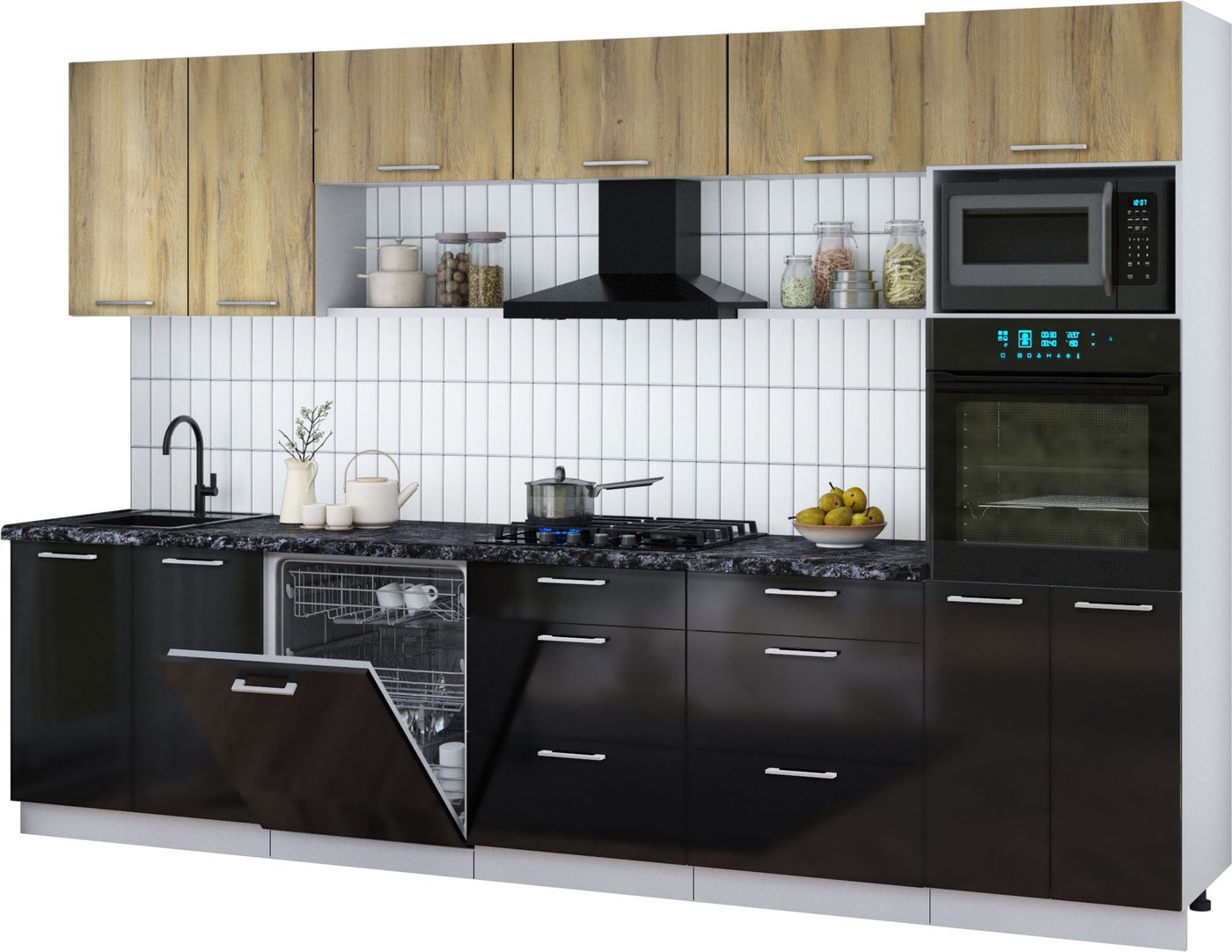 

Готовая кухня Интерлиния Мила Gloss 3.2-ПМ1 (черный глянец/дуб вотан/кастилло темный)