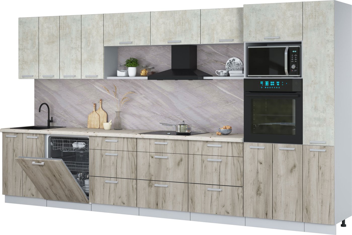 

Готовая кухня Интерлиния Мила Лайт 3.9-ПМ1 (бетон лайт/дуб серый/бискайская сосна)