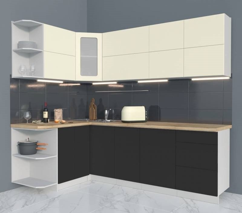 

Готовая кухня Интерлиния Мила Матте 1.5x2.5 А правая (слон кость-пепел-травертин серый)