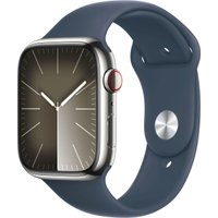 Умные часы Apple Watch Series 9 LTE 41 мм (корпус из нержавеющей стали, серебристый/грозовой синий, спортивный силиконовый ремешок S/M)