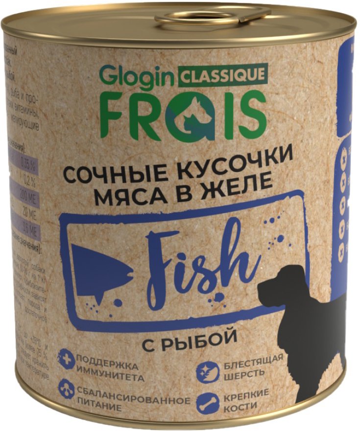 

Консервированный корм для собак Frais Classique Dog сочные кусочки мяса с рыбой в желе (850г)