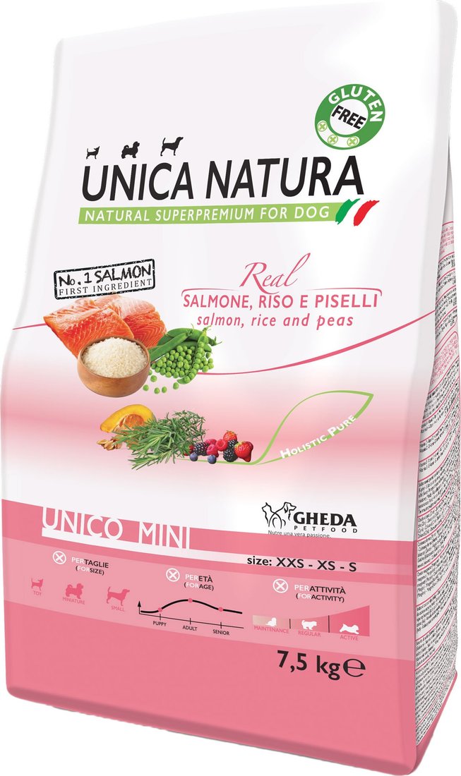 

Сухой корм для собак Unica Natura Unico Mini с лососем, рисом и горохом 7.5 кг