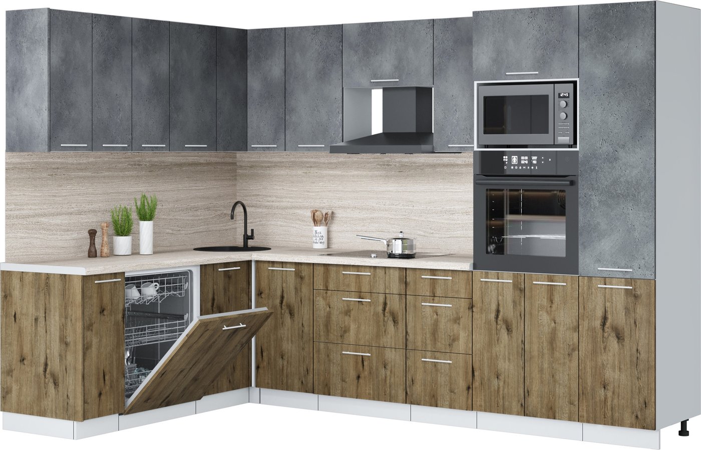 

Готовая кухня Интерлиния Мила Лайт 1.896х2.98 (бетон портленд/дуб веллингтон/травертин серый)